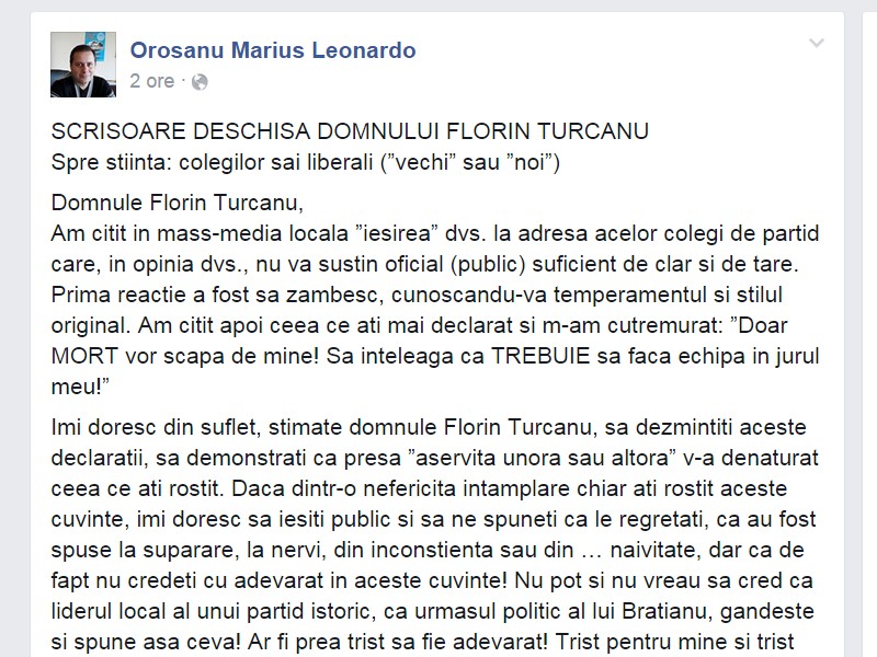 scrisoare deschisa pe Facebook a lui Marius Orosanu